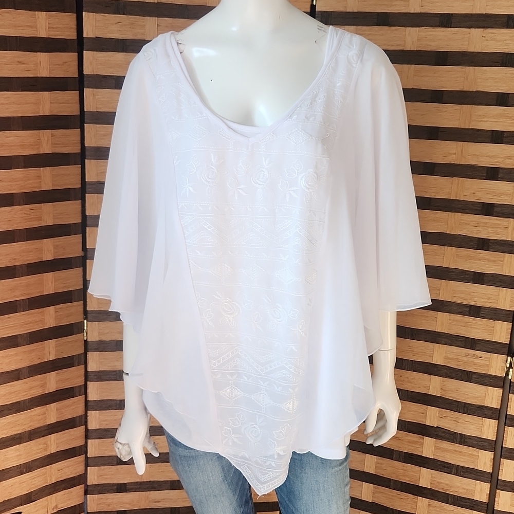 One World Chiffon poncho over stretch tanks